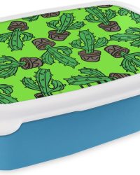 Broodtrommel Blauw - Lunchbox - Brooddoos - Patroon - Cactus - Pot - Vetplant - 18x12x6 cm - Kinderen - Jongen