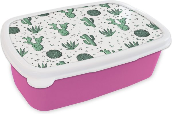 Broodtrommel Roze - Lunchbox - Brooddoos - Patronen - Cactus - Planten - Vetplant - 18x12x6 cm - Kinderen - Meisje