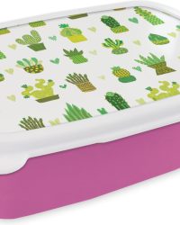 Broodtrommel Roze - Lunchbox - Brooddoos - Vetplanten - Patronen - Cactus - 18x12x6 cm - Kinderen - Meisje
