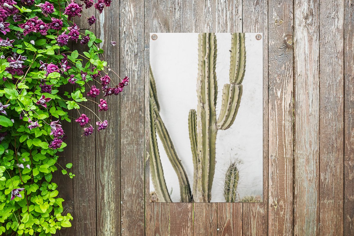 Tuindecoratie Cactus - Vetplant - Wit - 40x60 cm - Tuinposter - Tuindoek