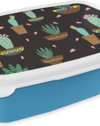 Broodtrommel Blauw - Lunchbox - Brooddoos - Cactus - Patronen - Planten - 18x12x6 cm - Kinderen - Jongen