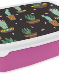 Broodtrommel Roze - Lunchbox - Brooddoos - Cactus - Patronen - Planten - 18x12x6 cm - Kinderen - Meisje