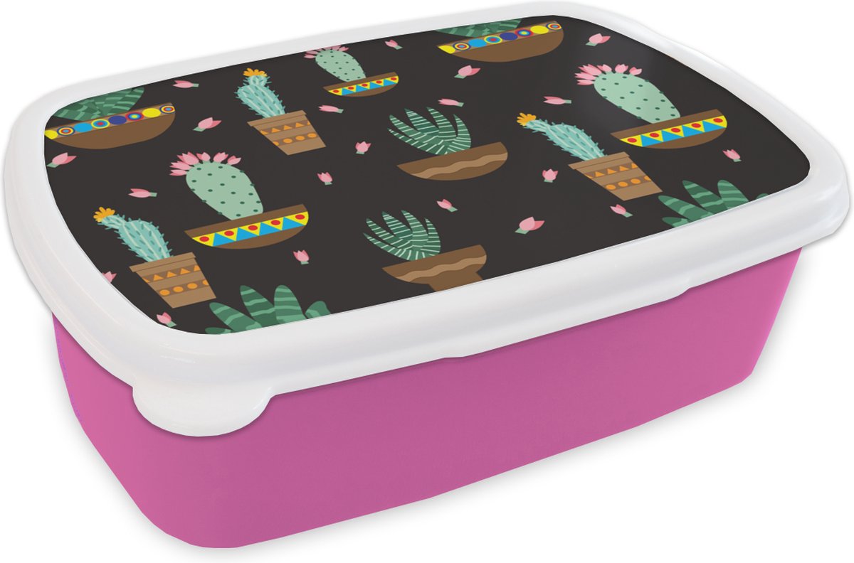 Broodtrommel Roze - Lunchbox - Brooddoos - Cactus - Patronen - Planten - 18x12x6 cm - Kinderen - Meisje