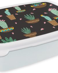 Broodtrommel Wit - Lunchbox - Brooddoos - Cactus - Patronen - Planten - 18x12x6 cm - Volwassenen