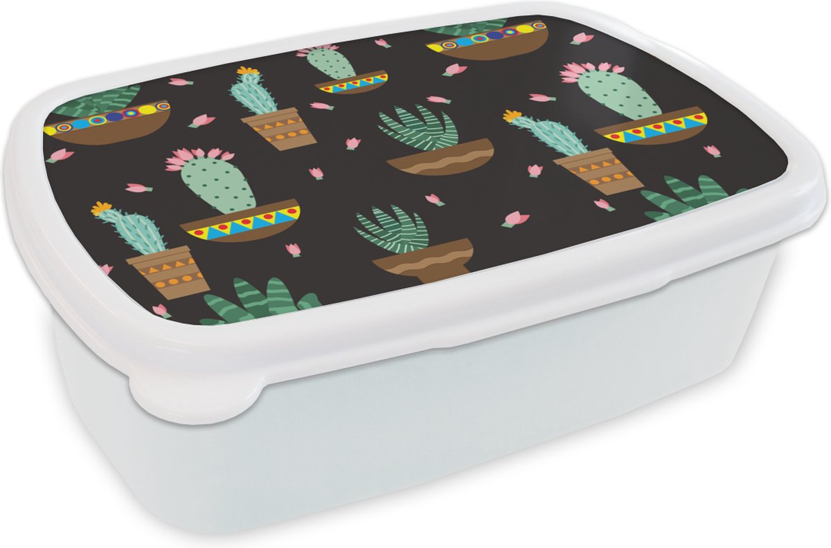 Broodtrommel Wit - Lunchbox - Brooddoos - Cactus - Patronen - Planten - 18x12x6 cm - Volwassenen