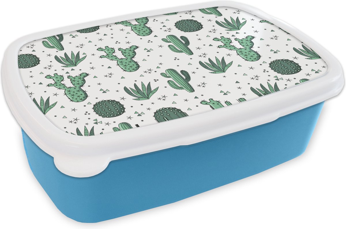 Broodtrommel Blauw - Lunchbox - Brooddoos - Patronen - Cactus - Planten - Vetplant - 18x12x6 cm - Kinderen - Jongen