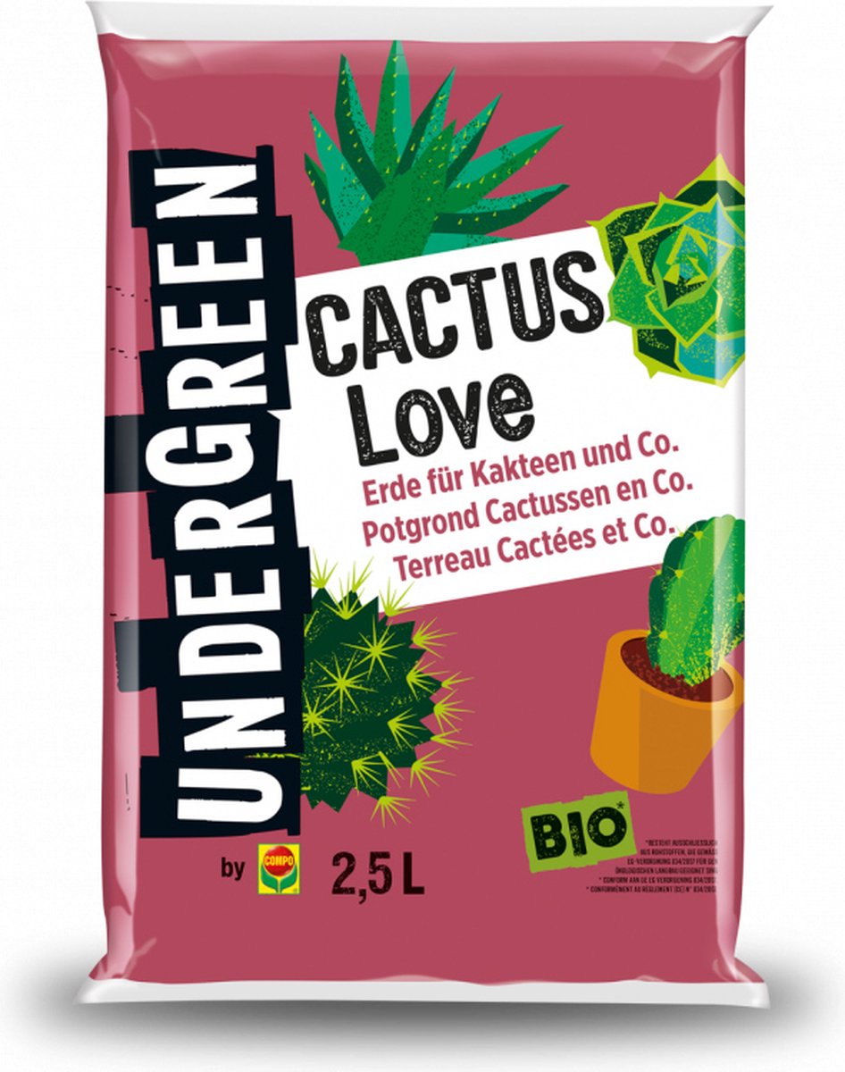 Undergreen Cactus Love Potgrond - biologisch - voor cactussen en vetplanten - voor gezonde en stevige planten - zak 2,5L